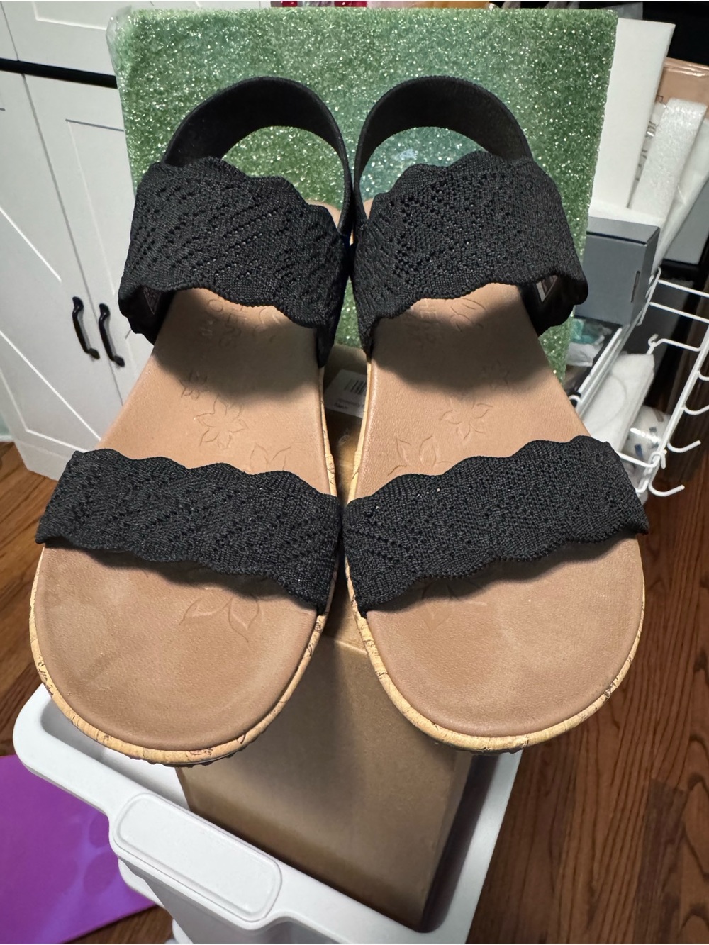 Cali from Skechers Luxe Foam Black Knit Strap Sandals with Tan Footbed